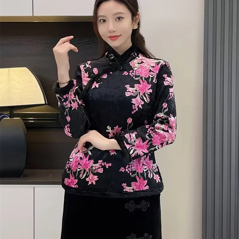 Women's Jacket Autumn and Winter Chinese Style Buckle Plus Velvet Bottoming Shirt Retro Fashion Slim Temperament Coat Outerwears