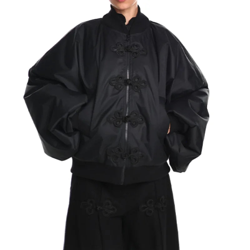 Chinese Knot Button Short Jacket Women Wide Sleeve Zipper Coat Stand Chic Fashion Outwear 2025 New Autumn Stylish Lady Coats