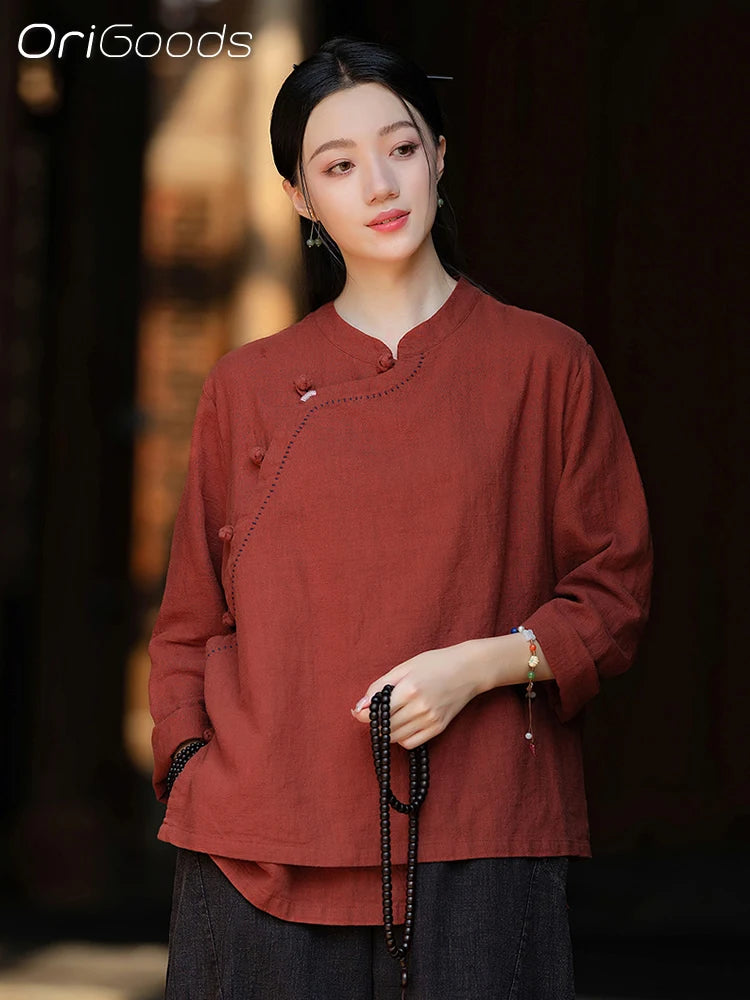 OriGoods Chinese Traditional Clothes Linen Shirt Woman 2025 New Summer Long Sleeve Shirt Japanese Zen Meditation Blouse Top C076