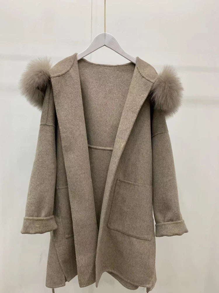 2023 Autumn Winter Fox Fur Collar Hooded Wool Cashmere Coat Women Woolen Jacket Chinese and Korean Fashion Outerwear Streetwear