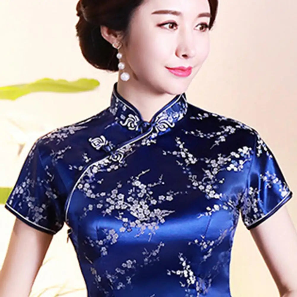 Women Cheongsam Shirt Chinese Style Plum Print Summer Autumn Exquisite Buckles Stand Collar Cheongsam Top for Wedding