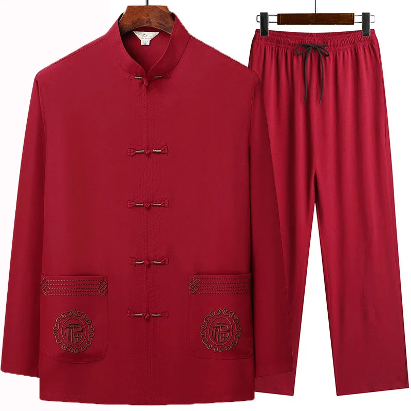 Tang Suit (top + Pants) Men's Middle-aged and Elderly Father Long Sleeve Old Man Clothes Grandpa Wear Chinese Style Tai Chi Suit
