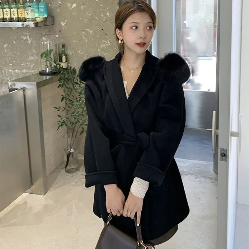 2023 Autumn Winter Fox Fur Collar Hooded Wool Cashmere Coat Women Woolen Jacket Chinese and Korean Fashion Outerwear Streetwear