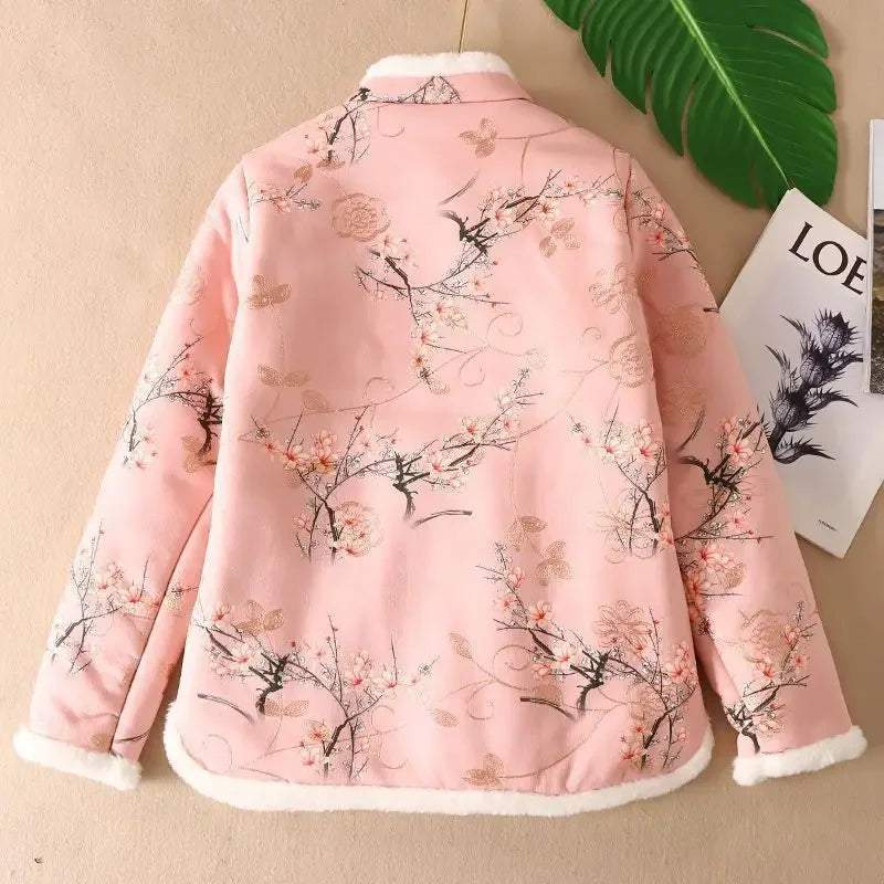 New Chinese thick plush cotton-padded jacket women's cheongsam collar embroidery buckle fur cotton-padded jacket winter coat