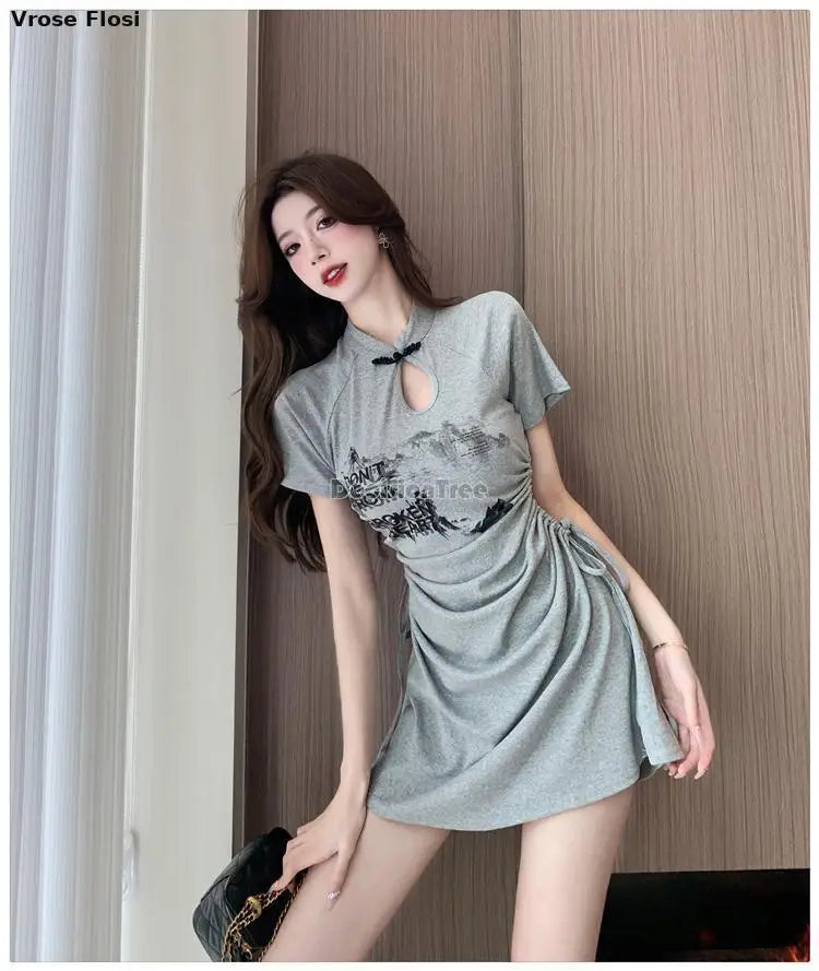 New 2024 Retro Daily Leisure Qipao Dress Chinese Style Printing Improved Cheongsam Fashionable Wrinkled Waist Design Thin Dress