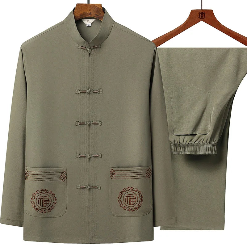 Tang Suit (top + Pants) Men's Middle-aged and Elderly Father Long Sleeve Old Man Clothes Grandpa Wear Chinese Style Tai Chi Suit