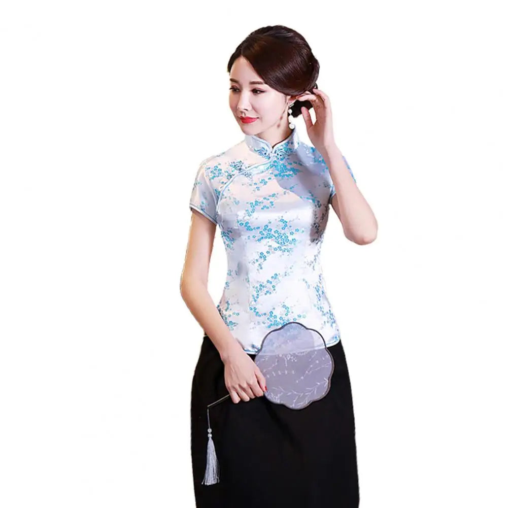 Women Cheongsam Shirt Chinese Style Plum Print Summer Autumn Exquisite Buckles Stand Collar Cheongsam Top for Wedding