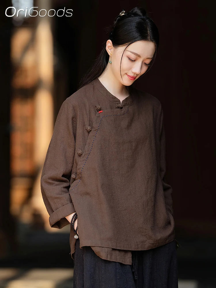 OriGoods Chinese Traditional Clothes Linen Shirt Woman 2025 New Summer Long Sleeve Shirt Japanese Zen Meditation Blouse Top C076
