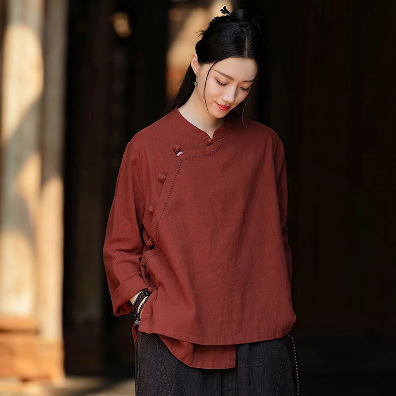 OriGoods Chinese Traditional Clothes Linen Shirt Woman 2025 New Summer Long Sleeve Shirt Japanese Zen Meditation Blouse Top C076