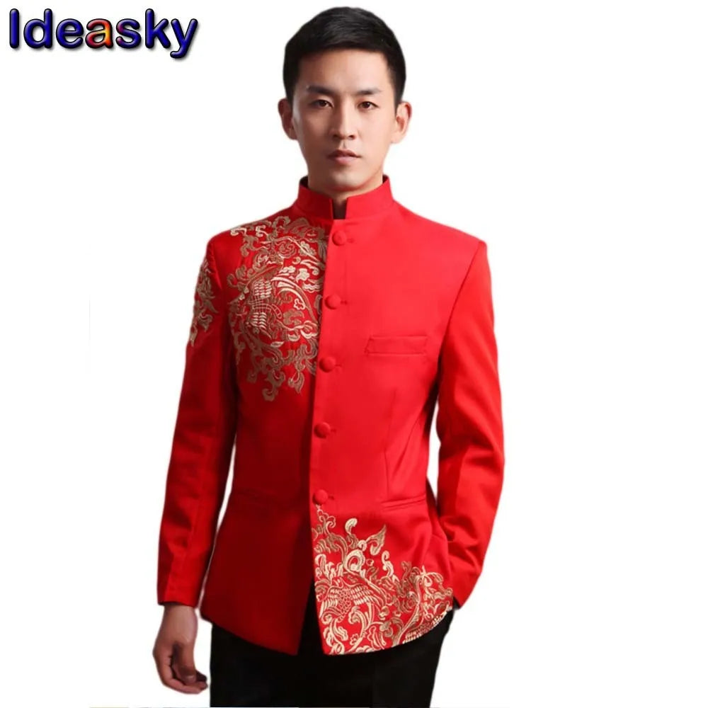 Red chinese style top new year traditional clothes for men plus size wedding winter jacket coat tang Embroidery Zhongshan Blazer