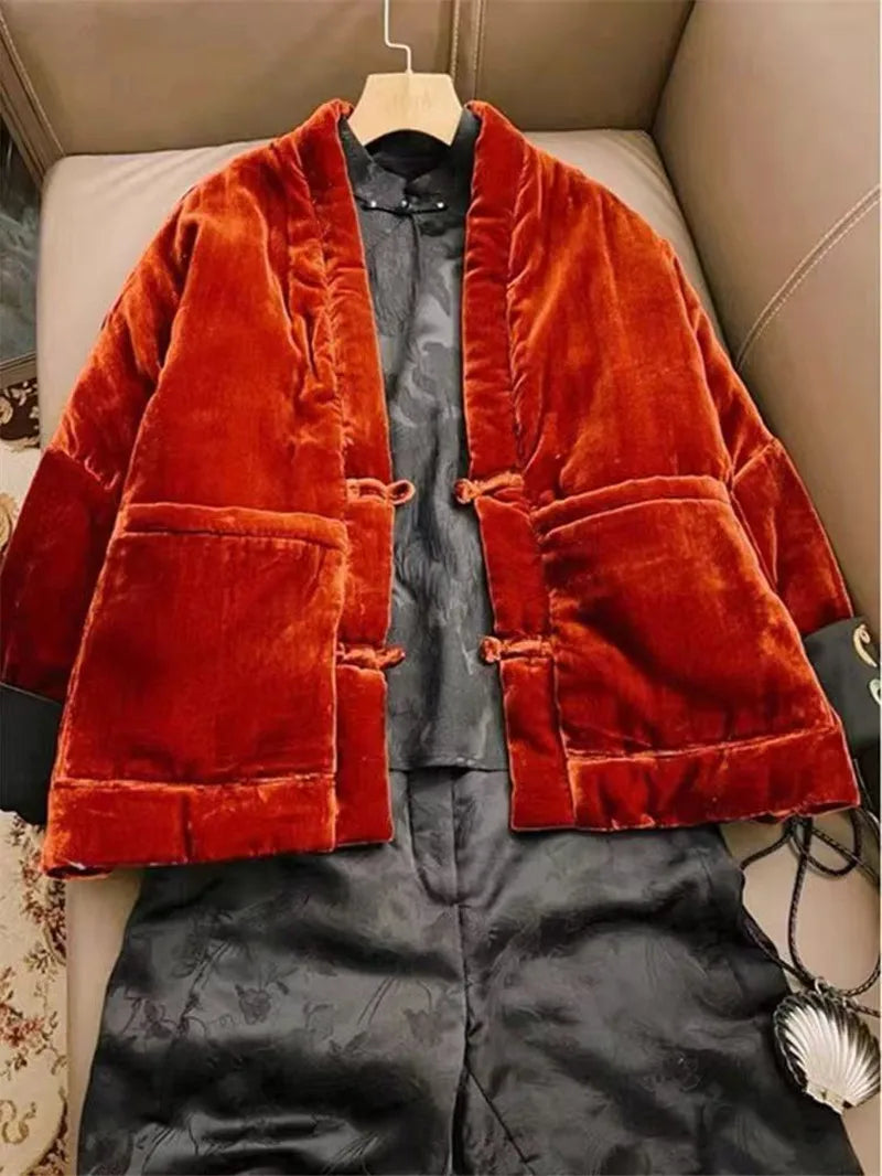 Limiguyue Autumn Winter Thick Warmful Red Velvet Coat Chinese Style Frog Button Loose Long Sleeve Jacekt Women Soft Outwear T217