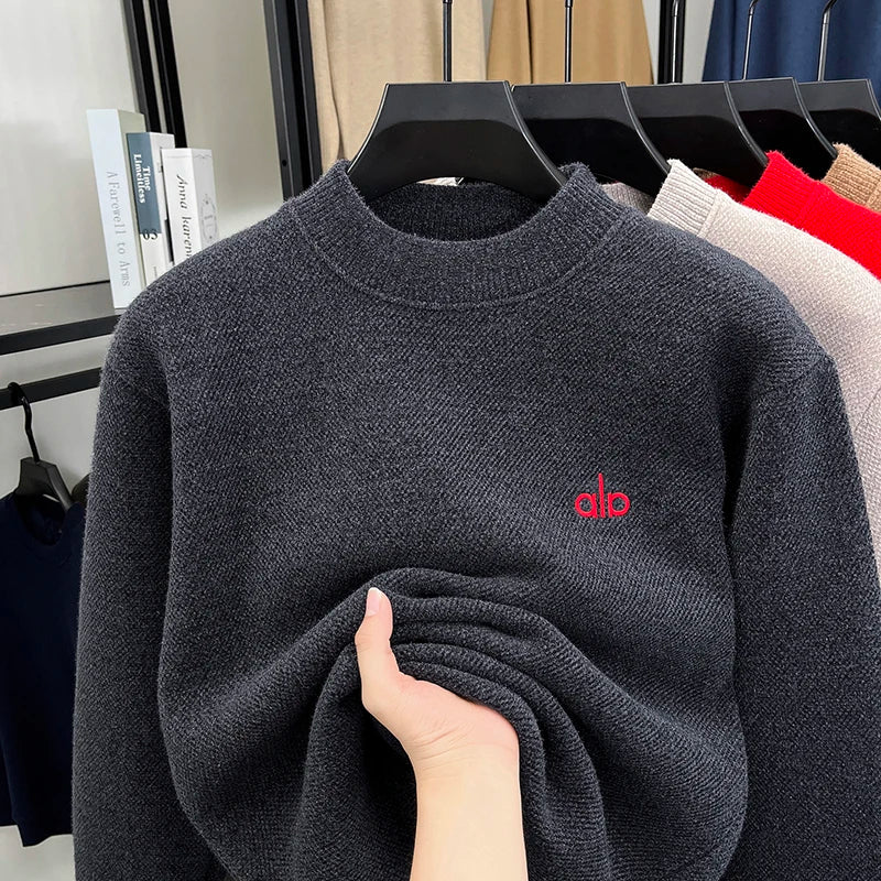 2025 New Men's Ferret Fleece Sweater Winter Collection Thick Knitted Sweater with Velvet Sweater Loose Round Neck Sweater