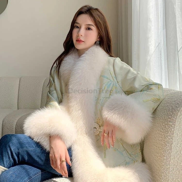 2025 high end retro chinese style tang suit coat Imitation fox fur warm winter coat women's youth temperament versatile jacket