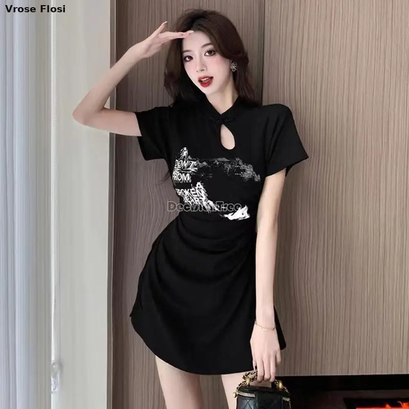 New 2024 Retro Daily Leisure Qipao Dress Chinese Style Printing Improved Cheongsam Fashionable Wrinkled Waist Design Thin Dress
