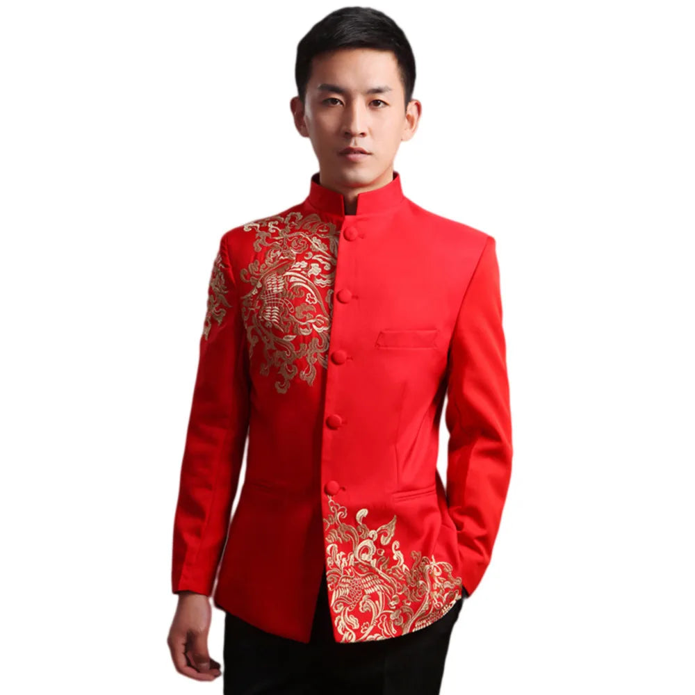 Red chinese style top new year traditional clothes for men plus size wedding winter jacket coat tang Embroidery Zhongshan Blazer