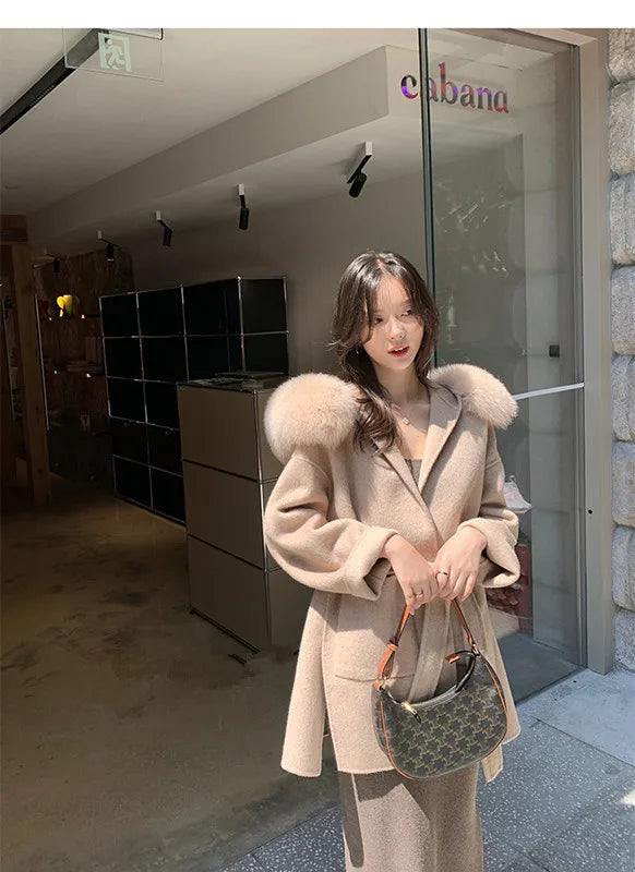 2023 Autumn Winter Fox Fur Collar Hooded Wool Cashmere Coat Women Woolen Jacket Chinese and Korean Fashion Outerwear Streetwear