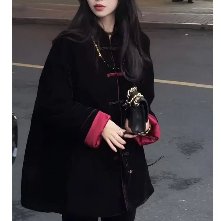 Winter Modern Chinese Coat, Women's Thick Padded Quilted Cotton Jacket with Knotted Buttons, Loose Fit Tang Suit