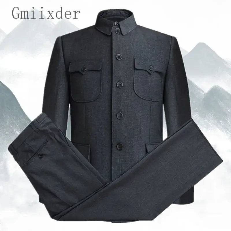 Autumn Stand-up Collar Overcoat Trousers Suit Middle-aged Chinese Style Loose Casual High Street Jackets Pants Set/single Pice